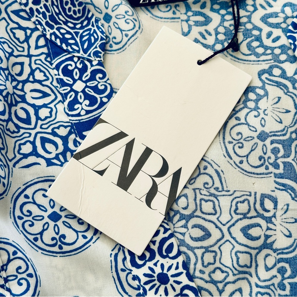 Zara Blue & White Patchwork Print Tiered Maxi Dress, size M - Picture 8 of 9